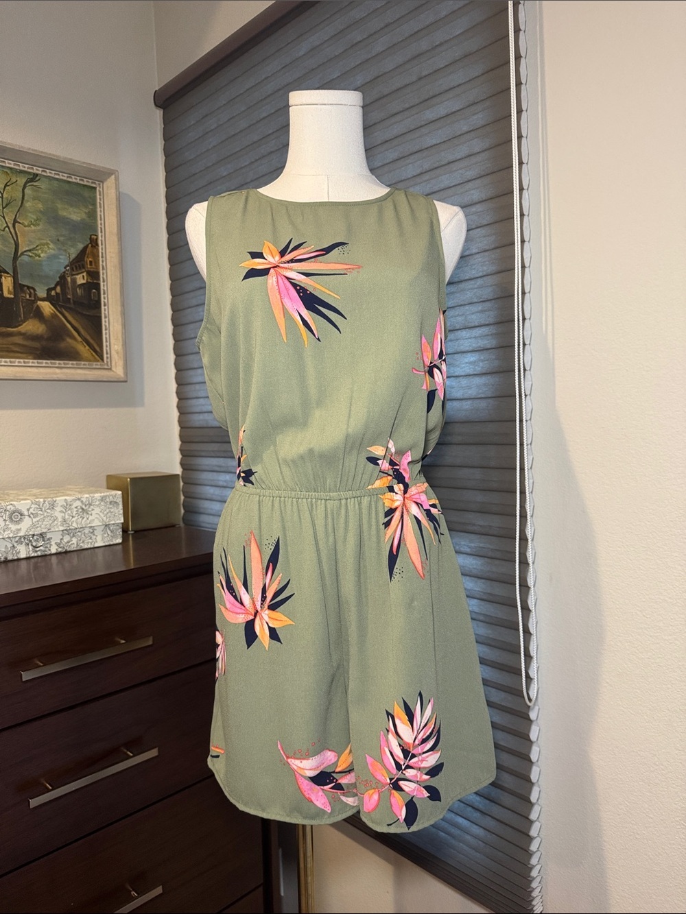 A New Day Green Floral Sleeveless Romper. Size Small